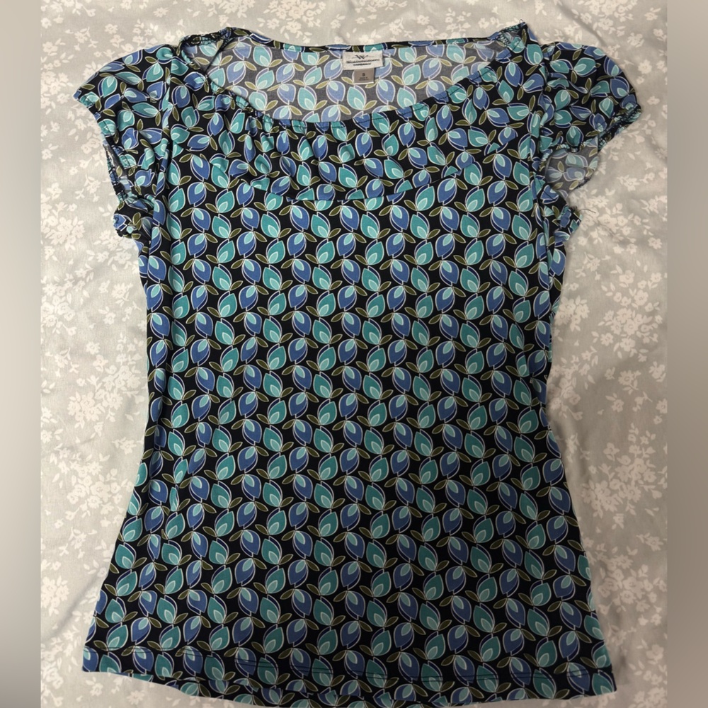 Worthington Black Blouse with Blue and Green Leaf Design